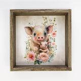 Mama and Baby Pig Watercolor Flowers Canvas & Wood Sign Art