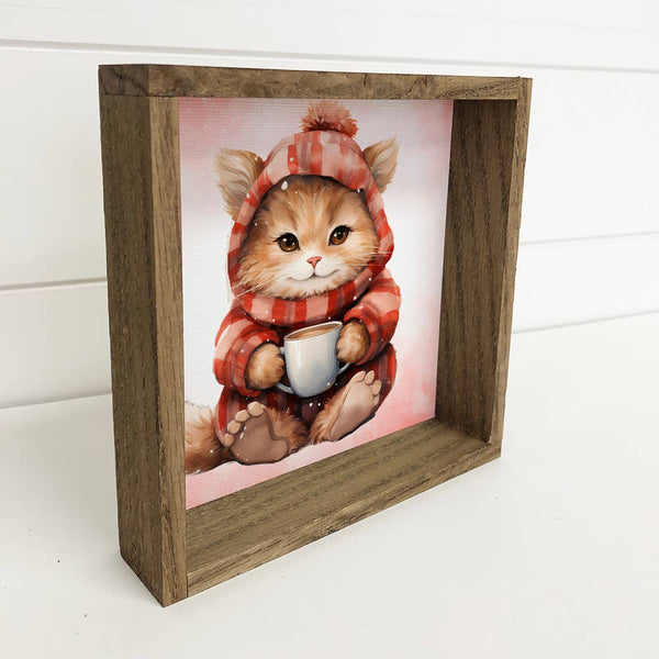 Winter Red Hoodie Cat - Cute Framed Animal Canvas Wall Art