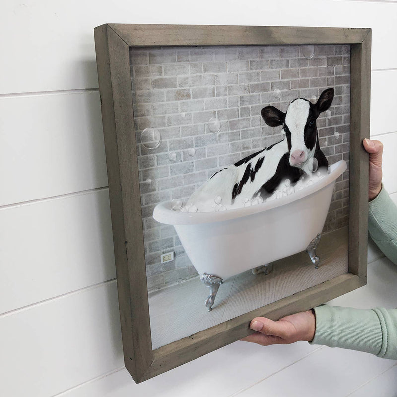 Dairy Cow Bubble Bath Funny Bathroom with Greywash Frame