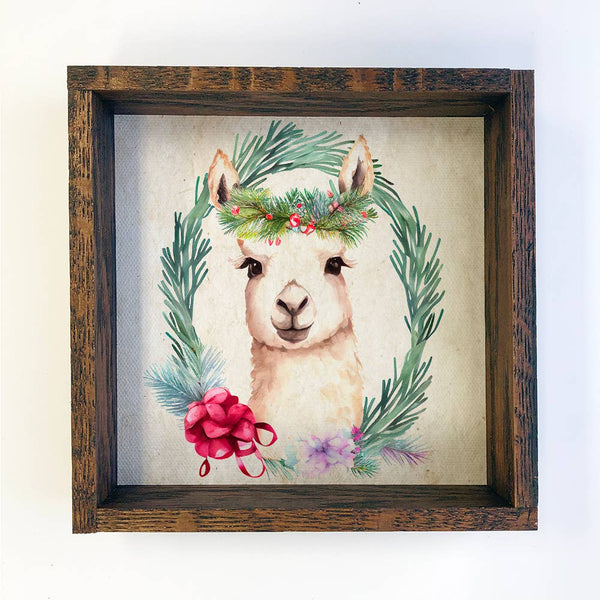 Christmas Wreath Llama - Cute Holiday Animal - Framed Decor