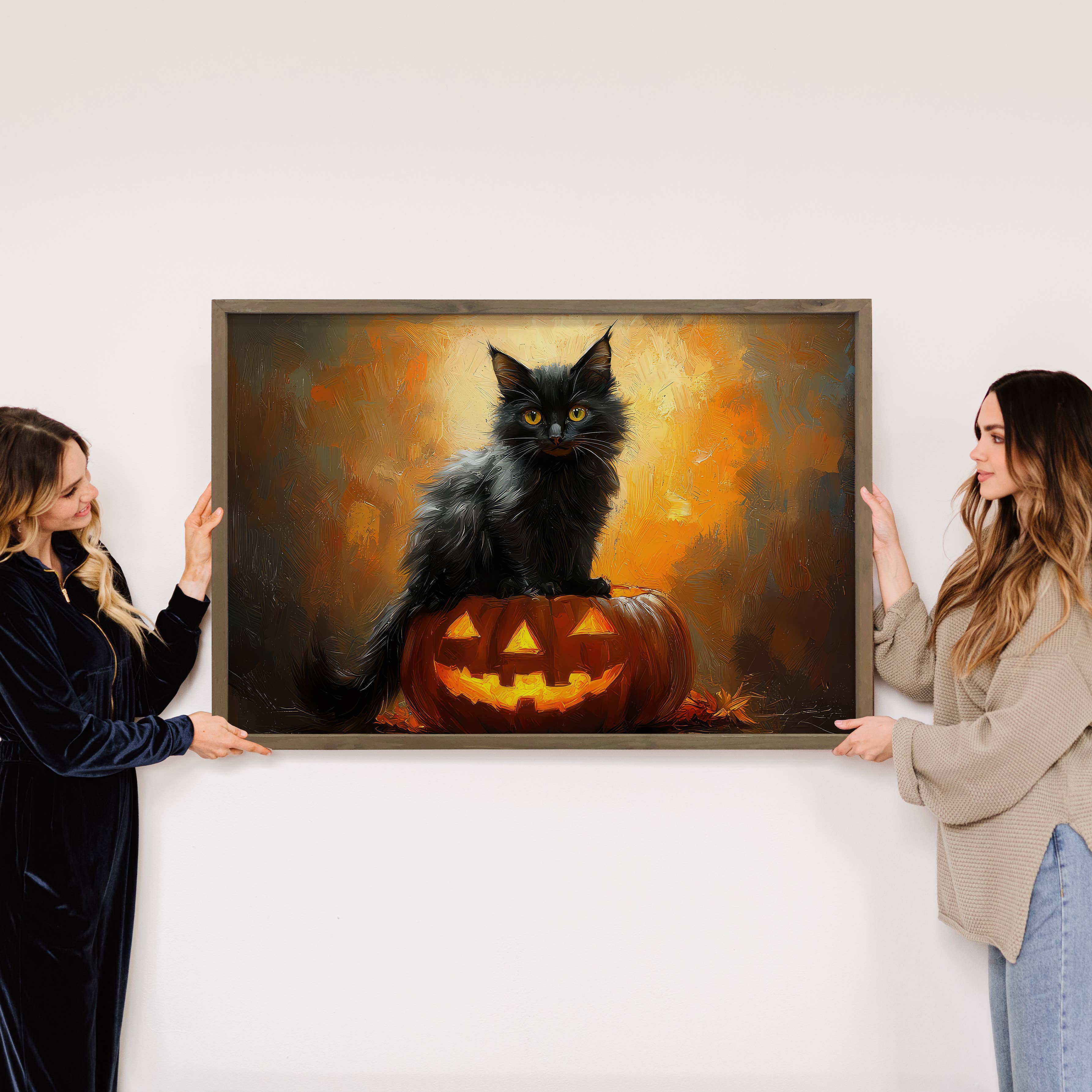 Black Kitty Glowing Pumpkin - Halloween Canvas Art - Framed