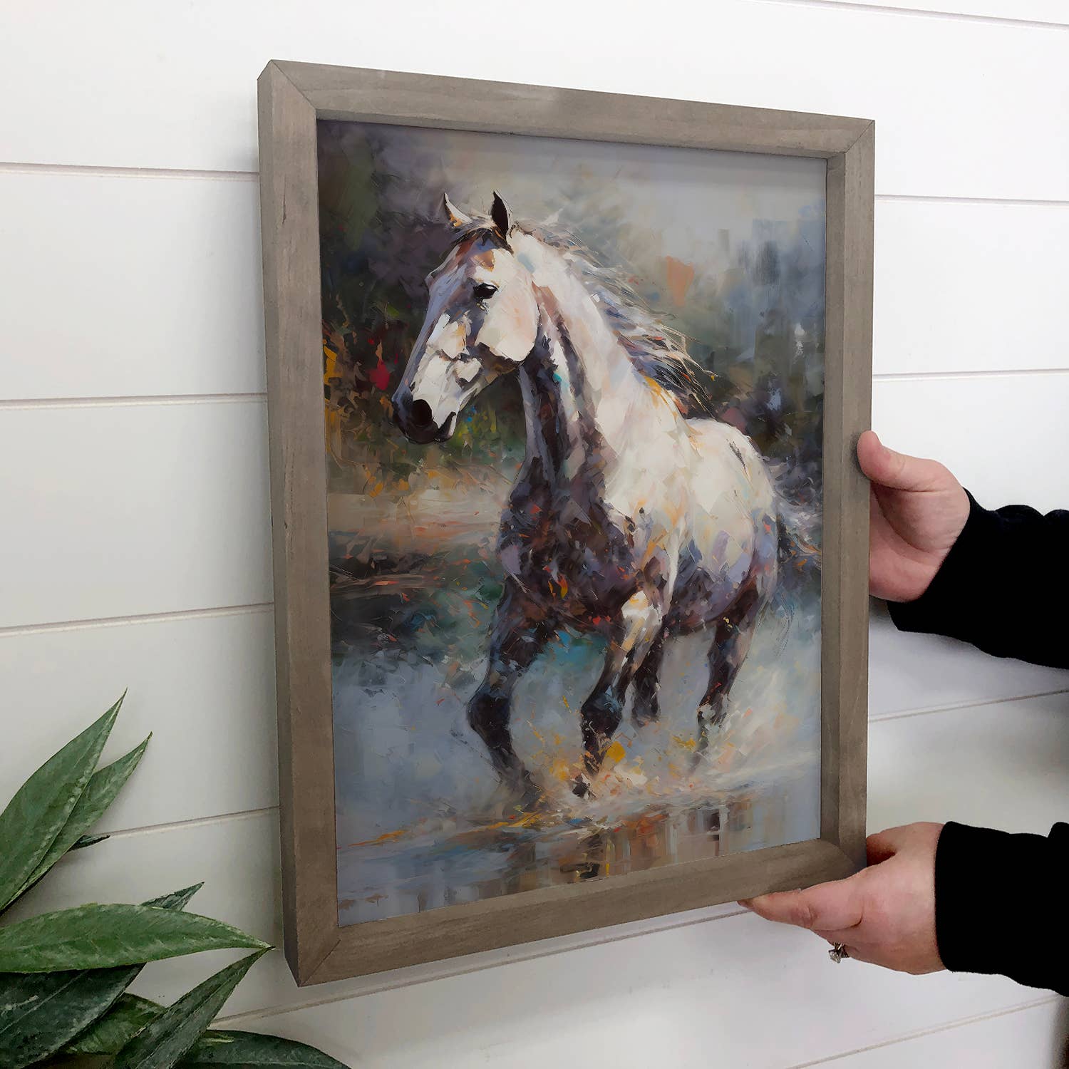 Abstract White Horse - Horse Watercolor Canvas Art - Framed