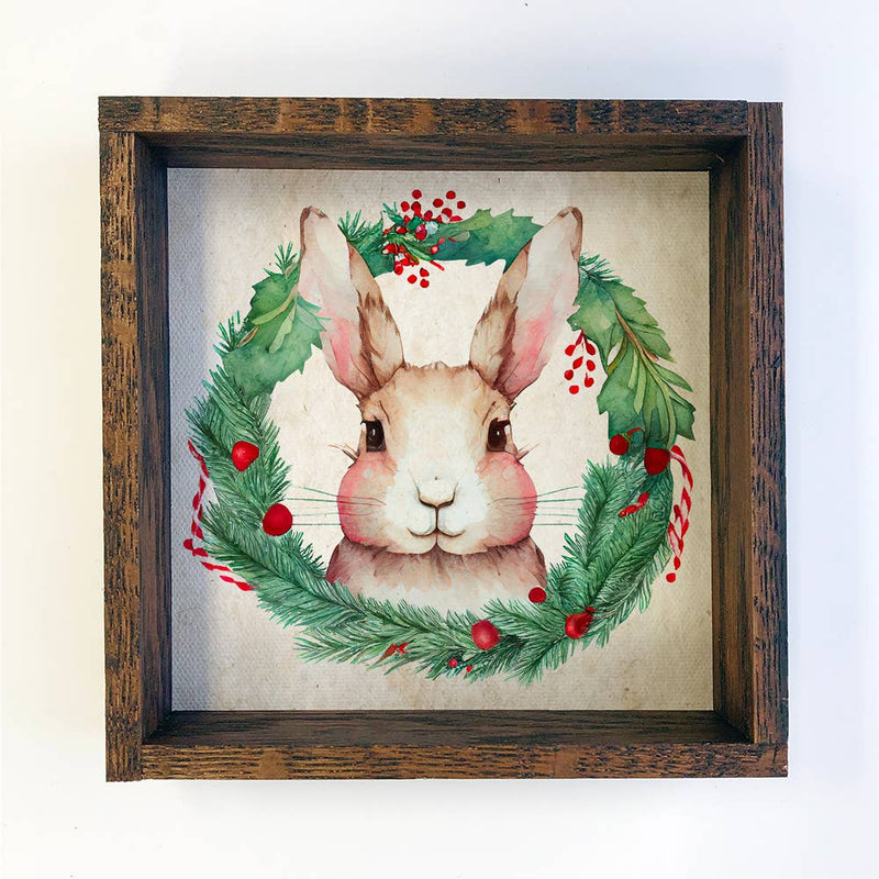 Christmas Wreath Bunny - Cute Holiday Animals - Framed Art