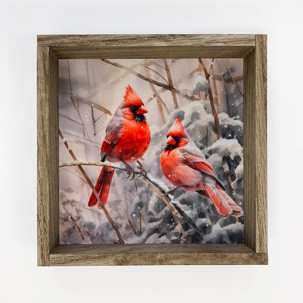 Two Winter Cardinals - Winter Bird Canvas Art - Wood Framed