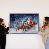 Santa Sleigh and Reindeer - Holiday Canvas Art - Wood Framed