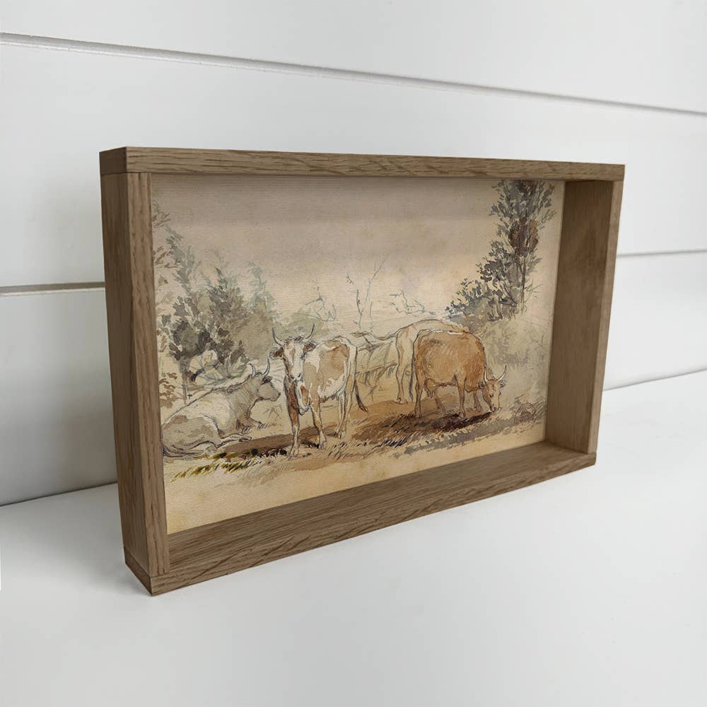 Cows Sketch Antique Watercolor - Cow Canvas Art - Wood Frame