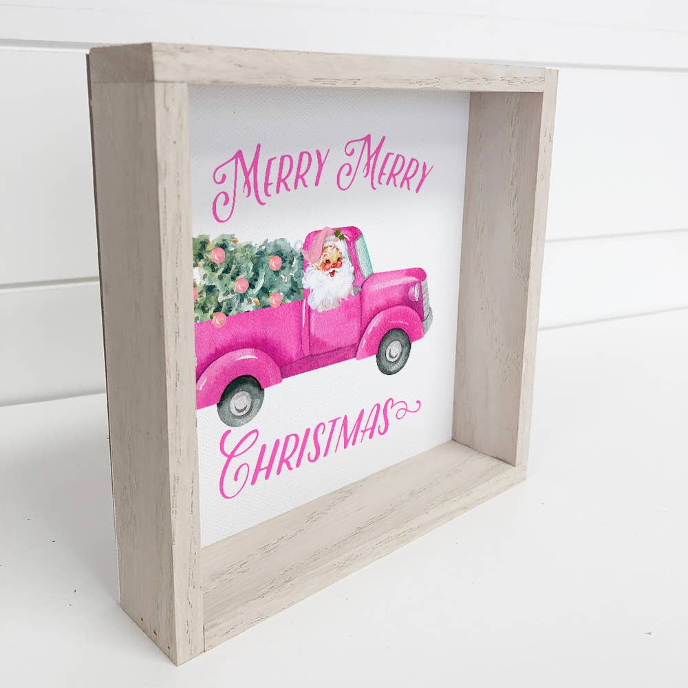 Pink Christmas Vintage Truck Wood Sign with Whitewash Frame