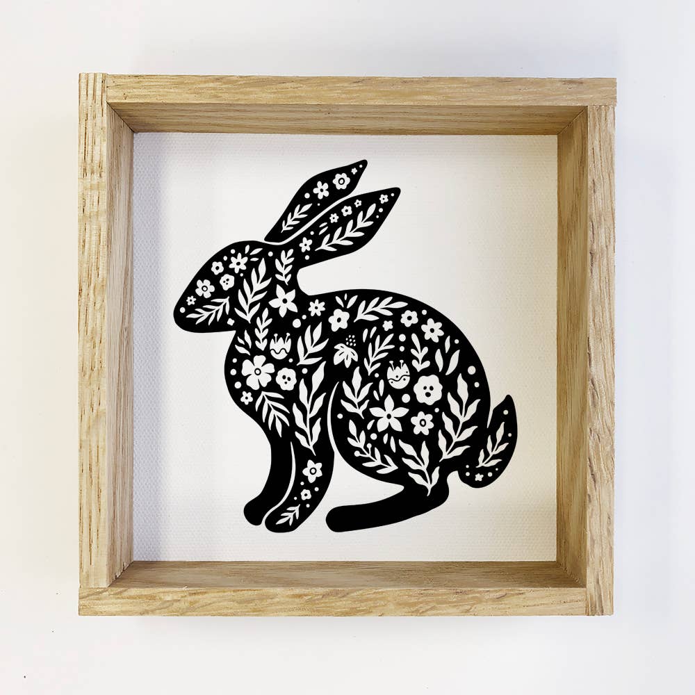 Folk Art- Black and White Bunny- Small Canvas and Frame