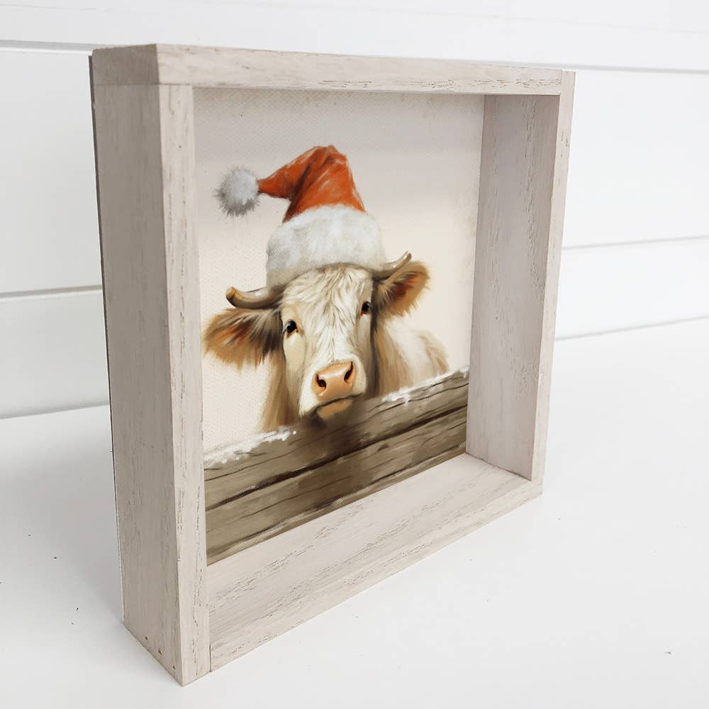 Santa Cow Over the Fence - Cute Holiday Animal - Wood Frame