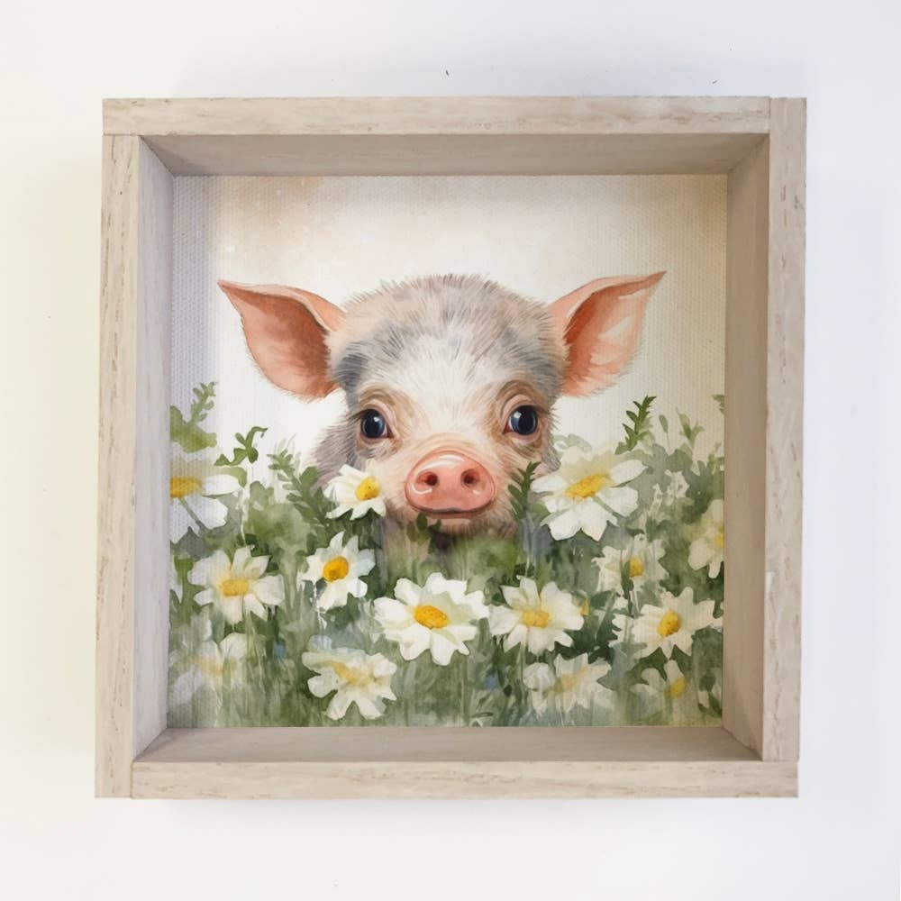 Piggy & White Daisies - Cute Baby Animal Wall Art - Framed