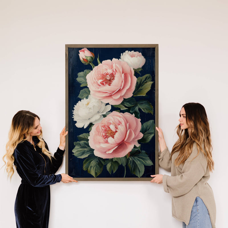 Pink White Roses on Navy - Rose Canvas Art - Wood Framed Art