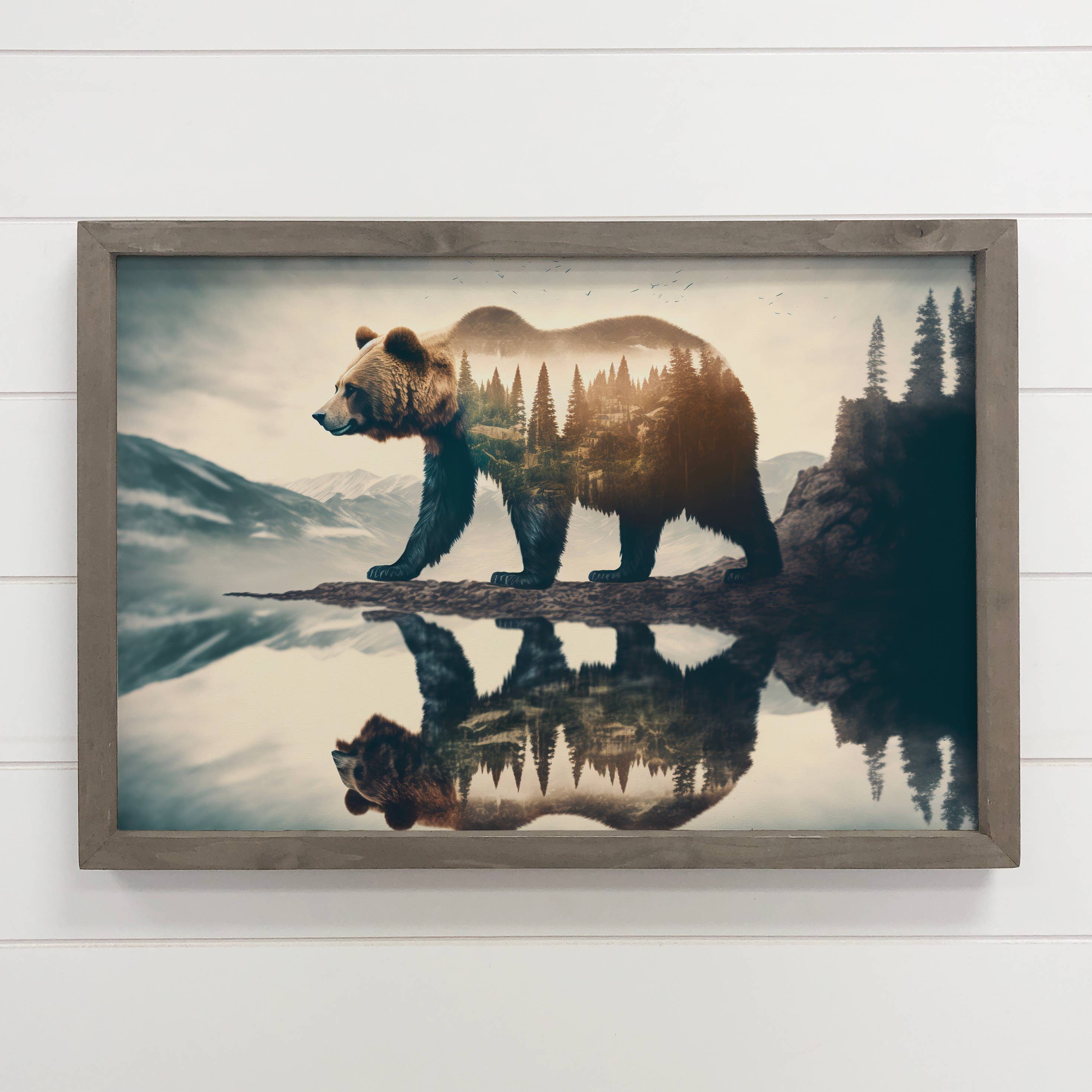 Bear Double Exposure - Cabin Wall Art - Wood Framed Photo