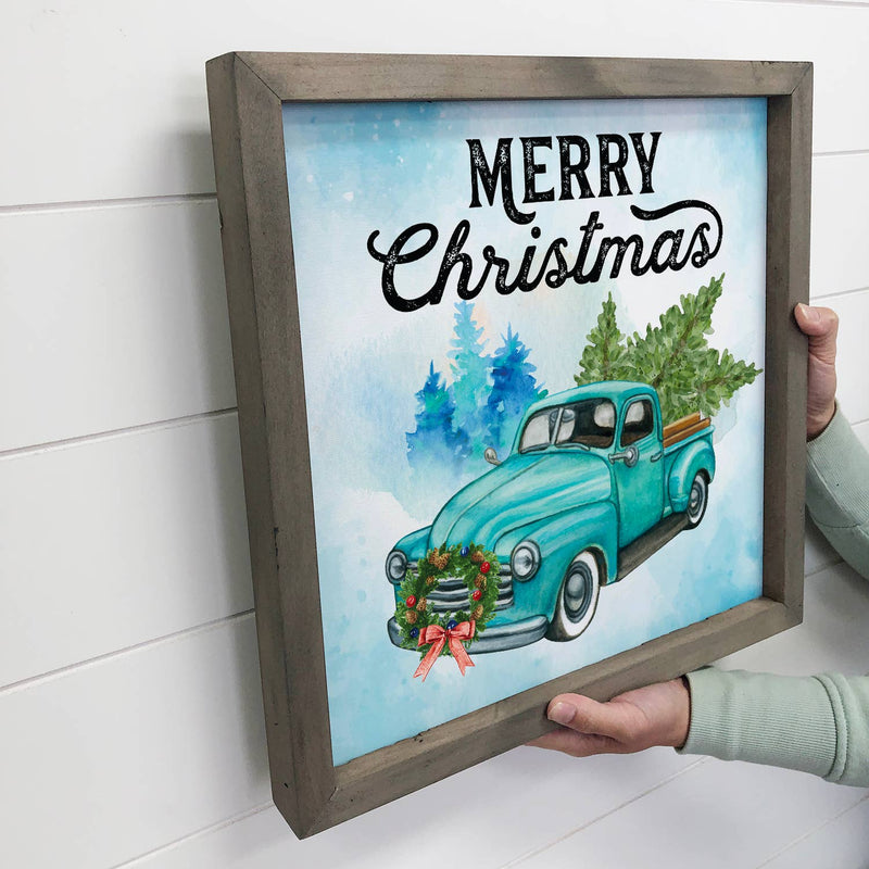 Merry Christmas Blue Truck - Framed Holiday Sign - Old Truck