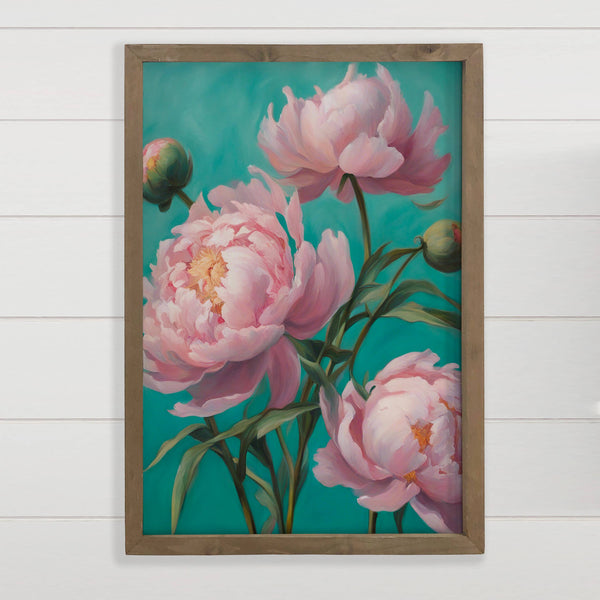 Pink Teal Peonies - Bright Flower Canvas Art - Wood Framed