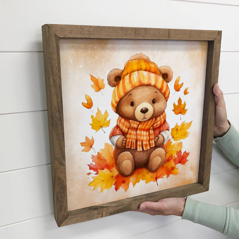 Fall Bear Beanie Scarf - Cute Autumn Bear Wall Art & Frame