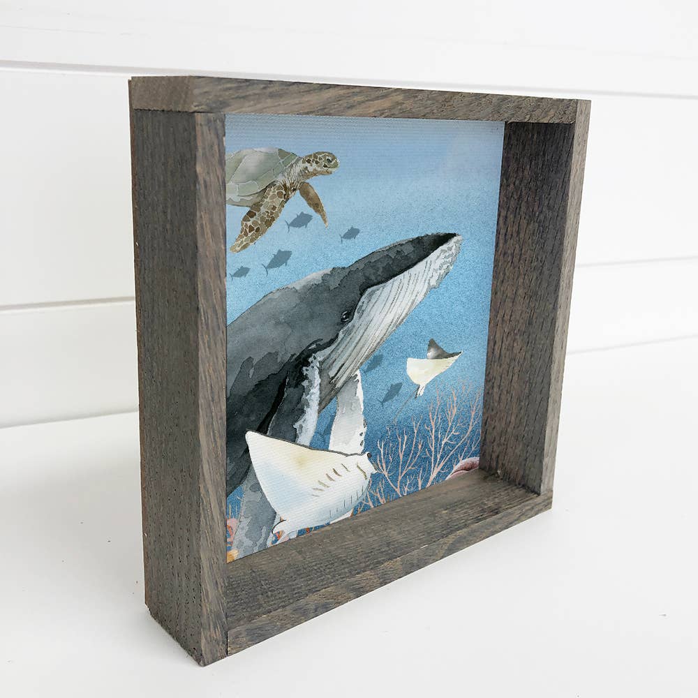 Small Watercolor Ocean Life Canvas with Greywash Frame