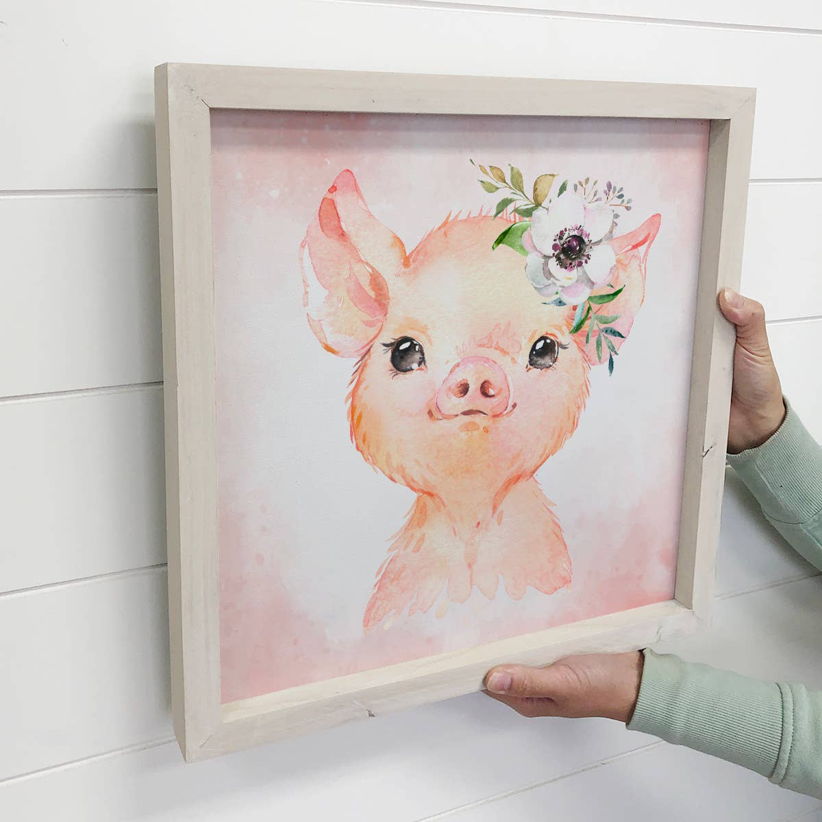 Baby Girl Pig Watercolor Small Whitewash Framed Decor