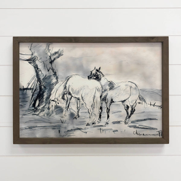 Horses Sketch - Framed Animal Decor - Ranch House Wall Art