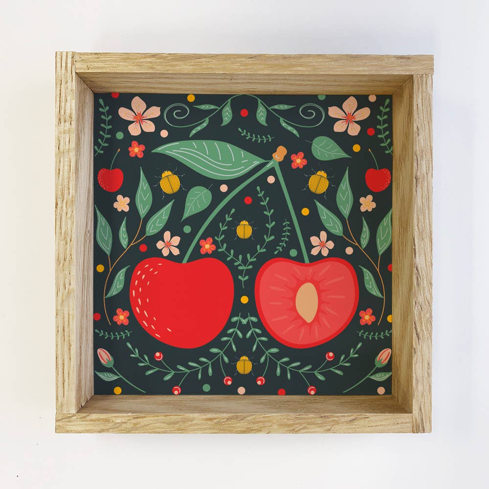 Folk Art Cherry - Cute Cherry Canvas Art - Wood Framed