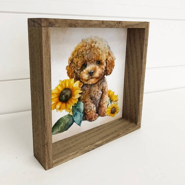 Sunflower Golden Doodle - Cute Puppy and Flowers - Fall Art