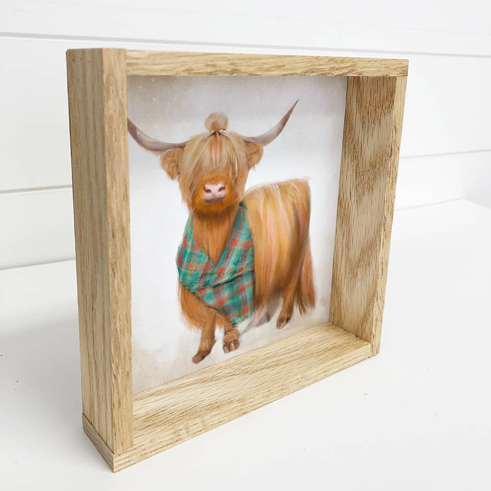 Funny Gift Sign - Cute Highland Cow Gal with Hair Bun Art