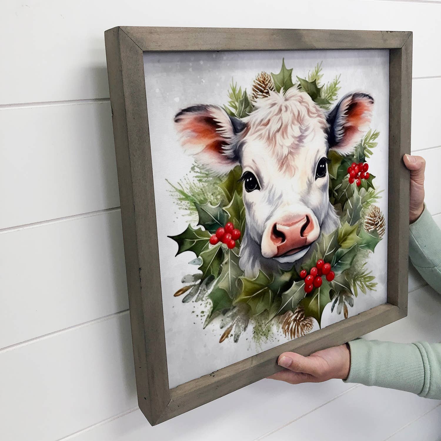 White Cow Christmas - Cute Holiday Animal - Wood Frame Decor