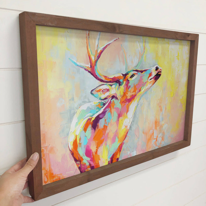 Colorful Deer Painting - Cabin Wall Art - Framed Canvas Art