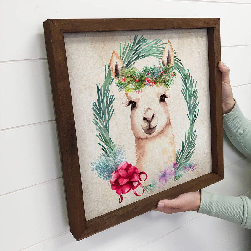 Christmas Wreath Llama - Cute Holiday Animal - Framed Decor