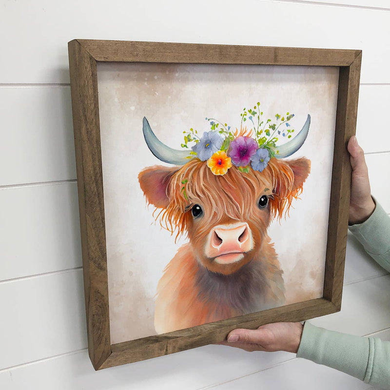 Cute Flower Highland Cow-Nursery Art with Rustic Wood Frame