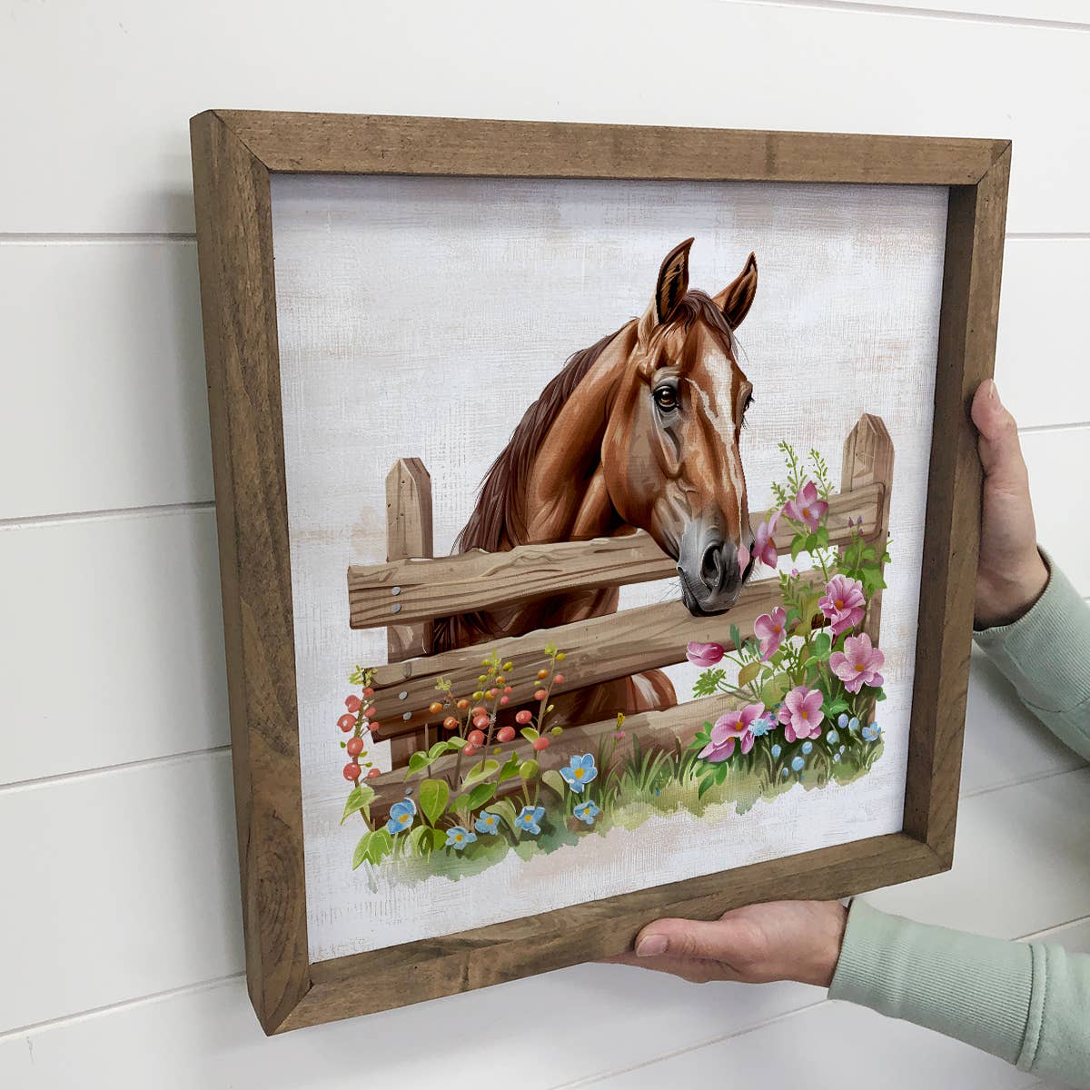 Horse Over Fence With Flowers - Horse Canvas Art - Framed