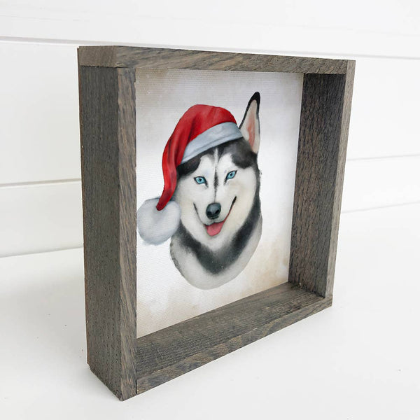 Husky Dog in Santa Hat Christmas Small Canvas Sign