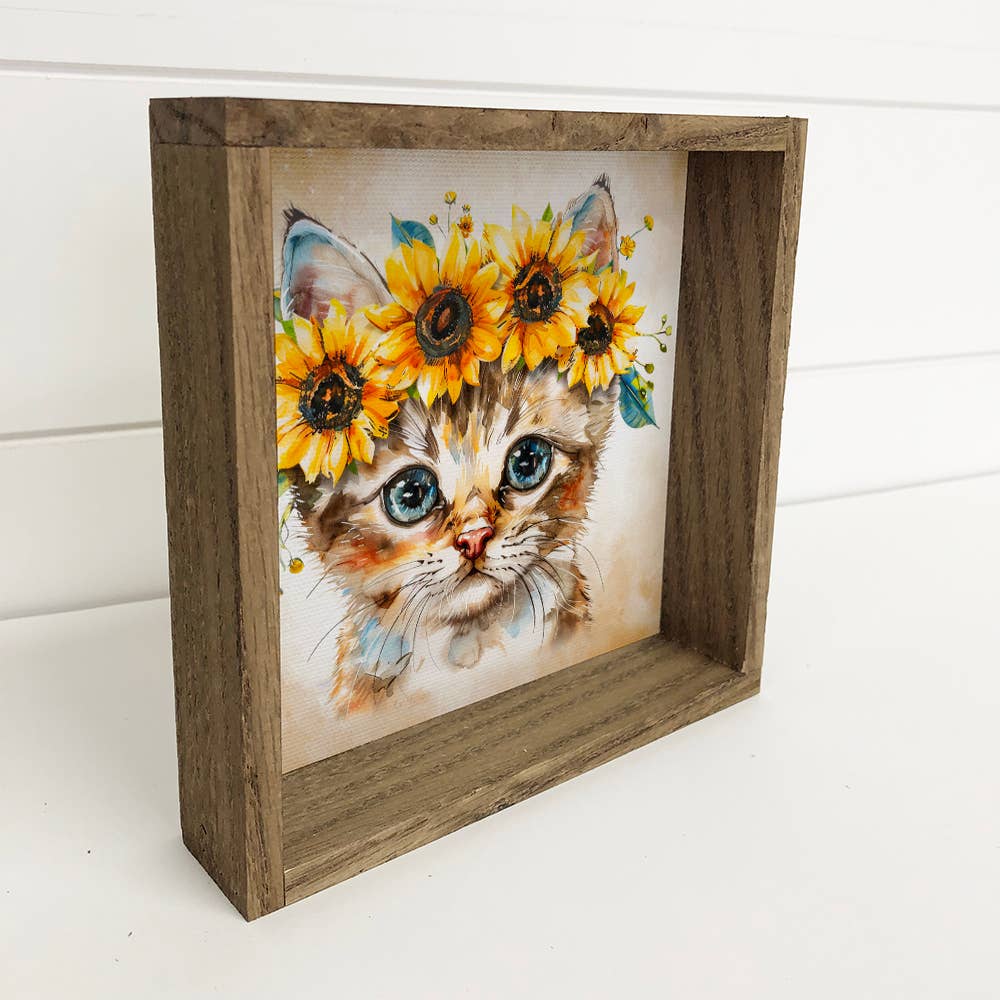 Cat with Sunflower Crown - Cat Canvas Wall Art - Wood Framed