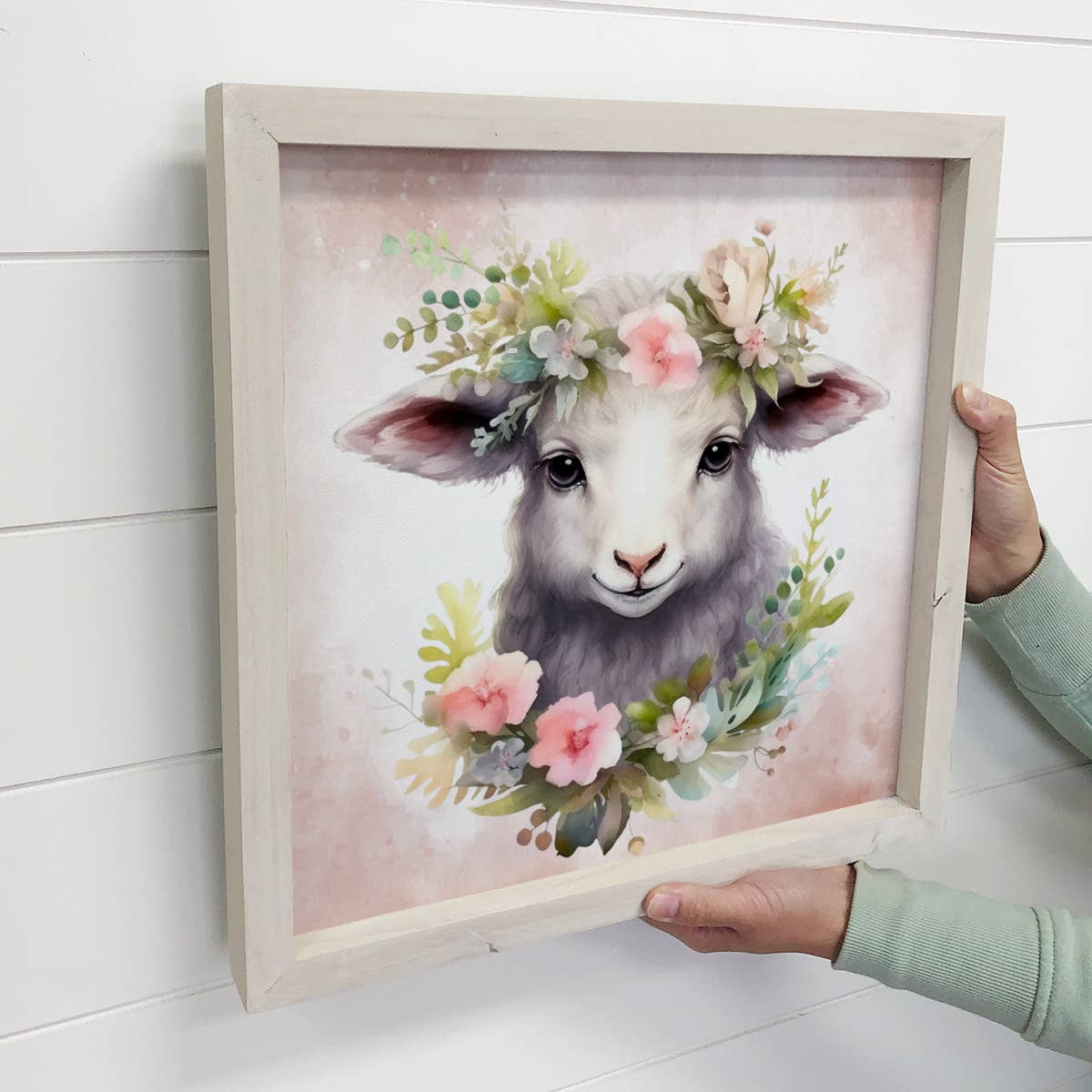 Springtime Flower Lamb - Cute Lamb Canvas Art - Wood Framed