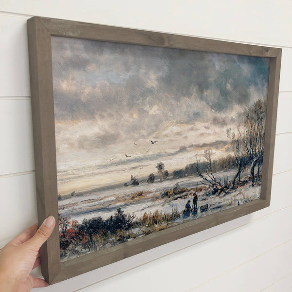 Ice Fishing - Winter Scene Canvas Art - Wood Framed