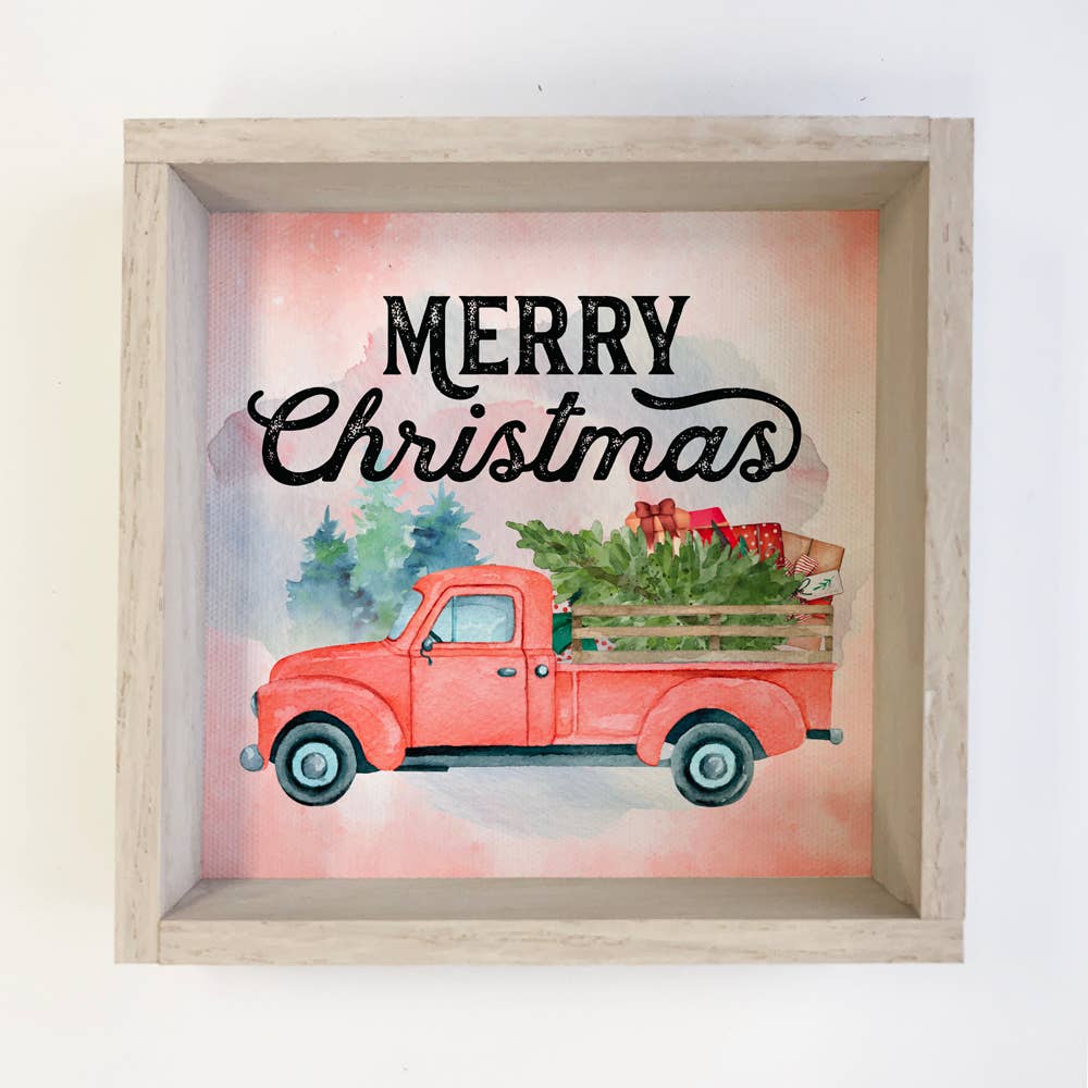 Merry Christmas Pink Vintage Truck - Framed Holiday Sign