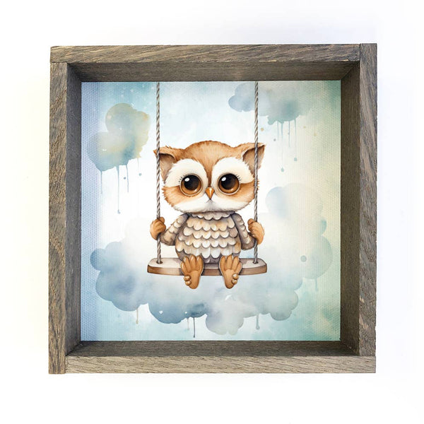 Swinging Baby Owl - Sweet Owl Canvas Art - Wood Framed