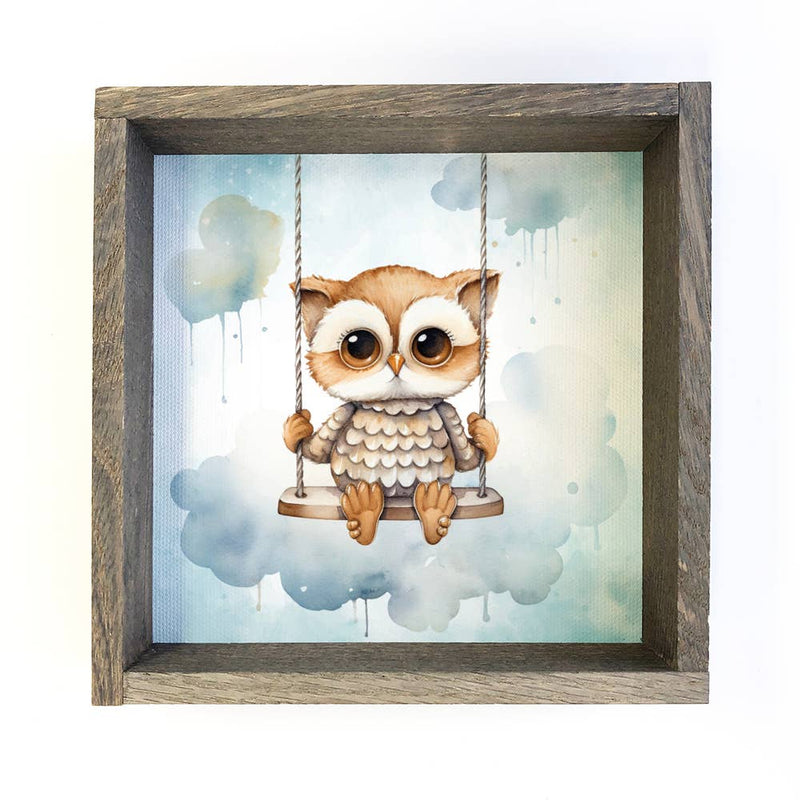 Swinging Baby Owl - Sweet Owl Canvas Art - Wood Framed