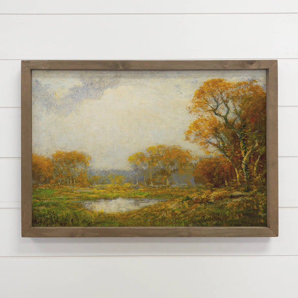 Fall Yellow Leaves Pond - Fall Landscape Canvas Art - Framed