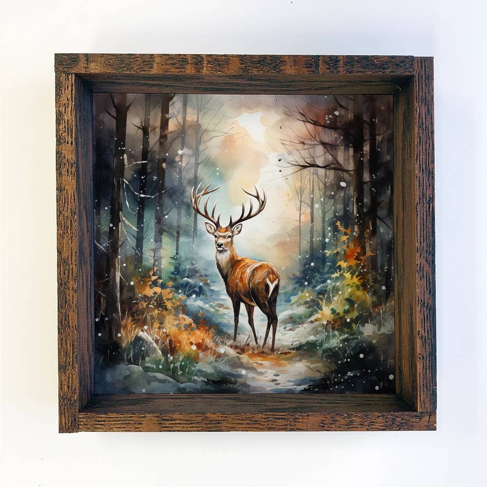 Winter Watercolor Deer Forest - Deer Canvas Art - Wood Frame