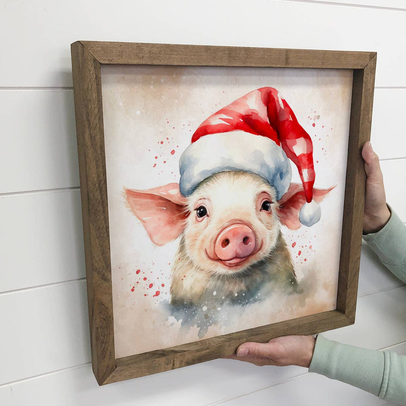 Pig in a Santa Hat - Cute Holiday Animal - Framed Canvas Art