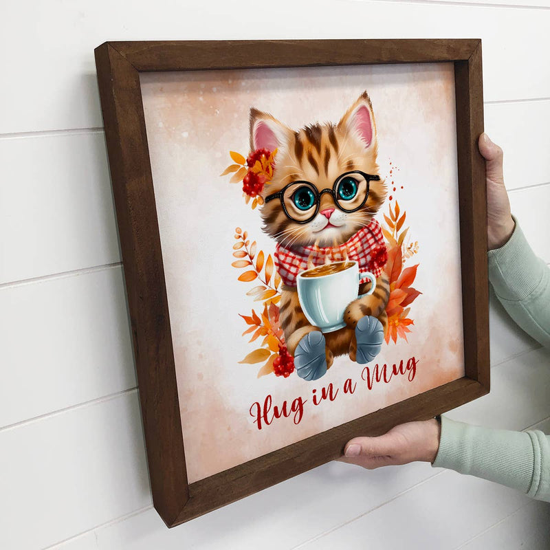 Hug in a Mug Cat - Cute Fall Animal Canvas Wall Art - Framed