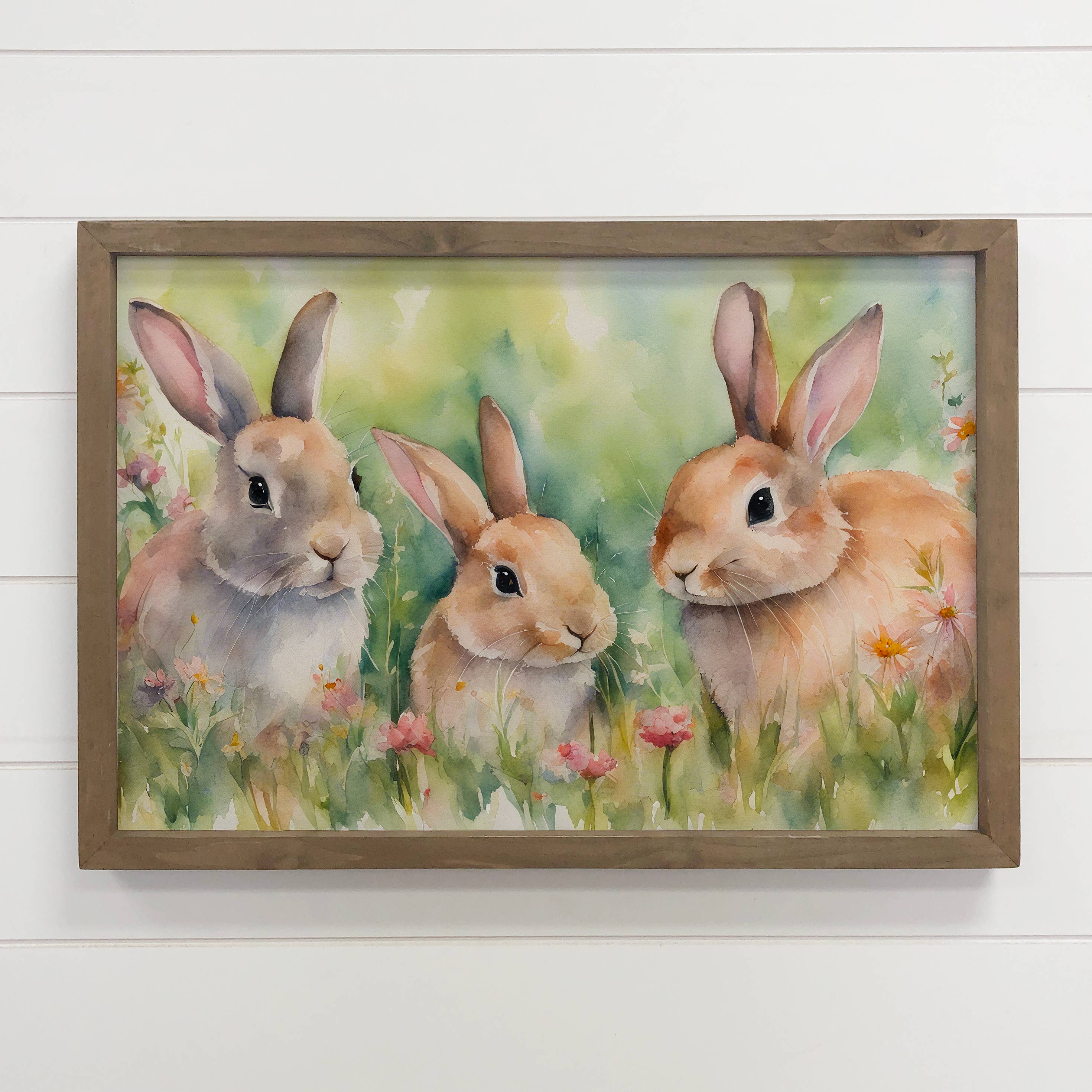 Three Bunnies in Wildflowers - Sweet Bunny Canvas Art