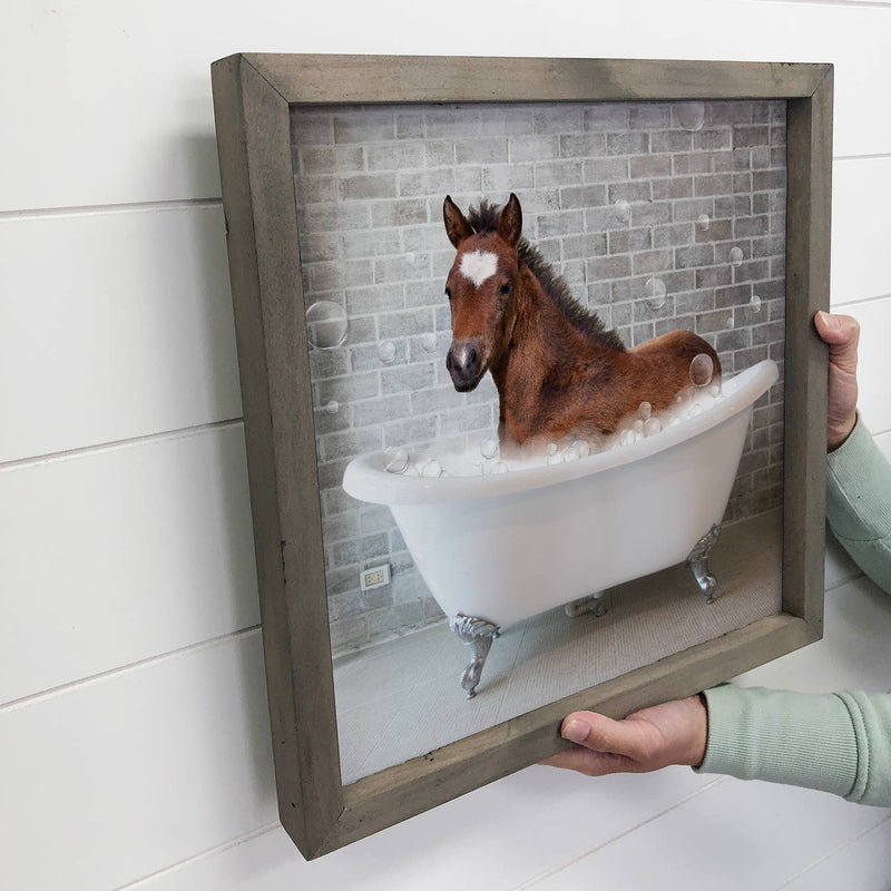 Horse in a Bathtub Funny Bathroom Greywash Wood Frame