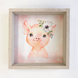 Baby Girl Pig Watercolor Small Whitewash Framed Decor