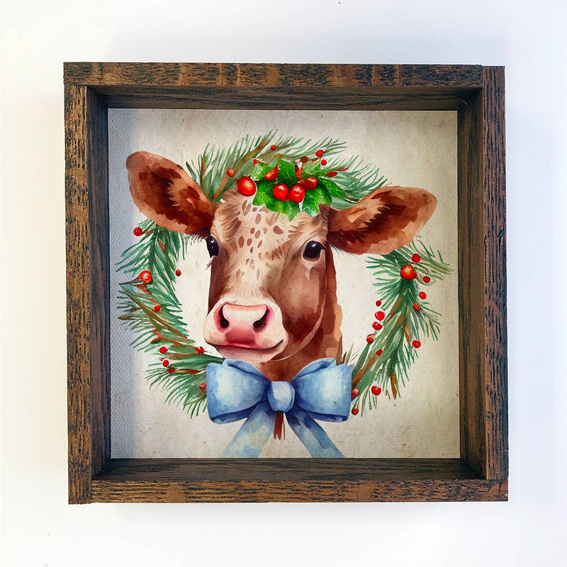 Christmas Wreath Brown Cow - Cute Holiday Animals - Framed