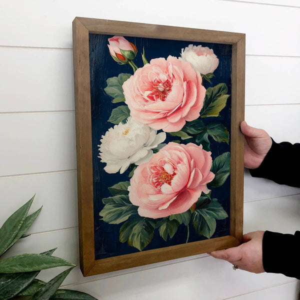 Pink White Roses on Navy - Rose Canvas Art - Wood Framed Art