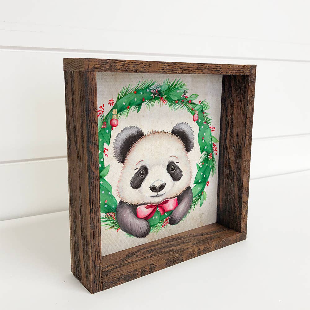 Christmas Wreath Panda - Cute Holiday Animal - Framed Decor