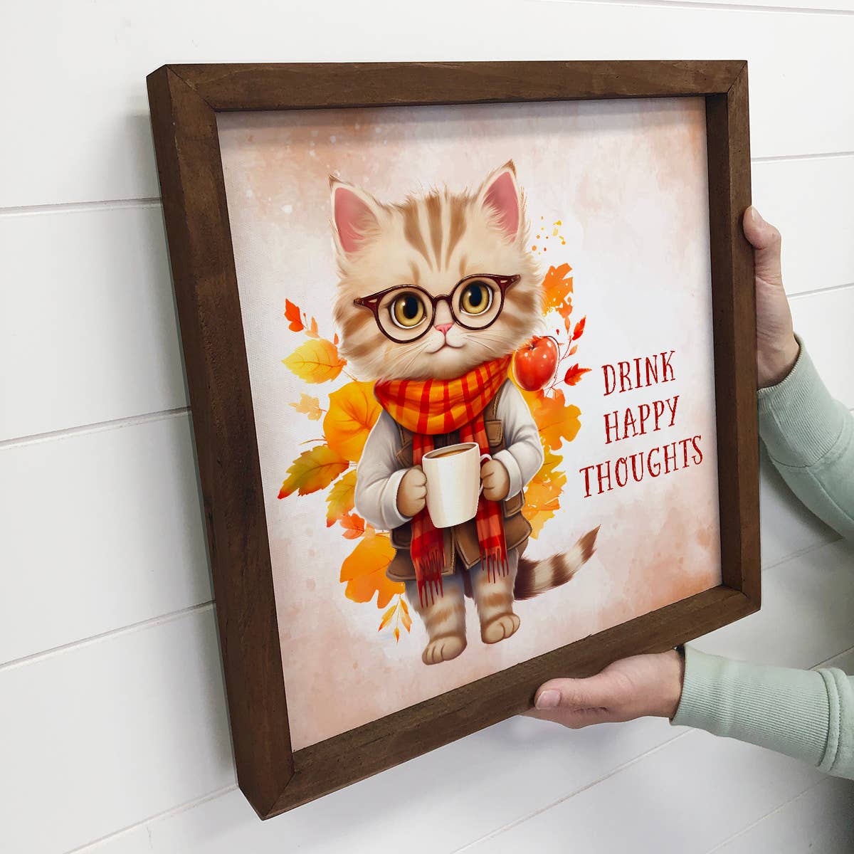 Drink Happy Thoughts Cat - Fall Animal Canvas Wall Art