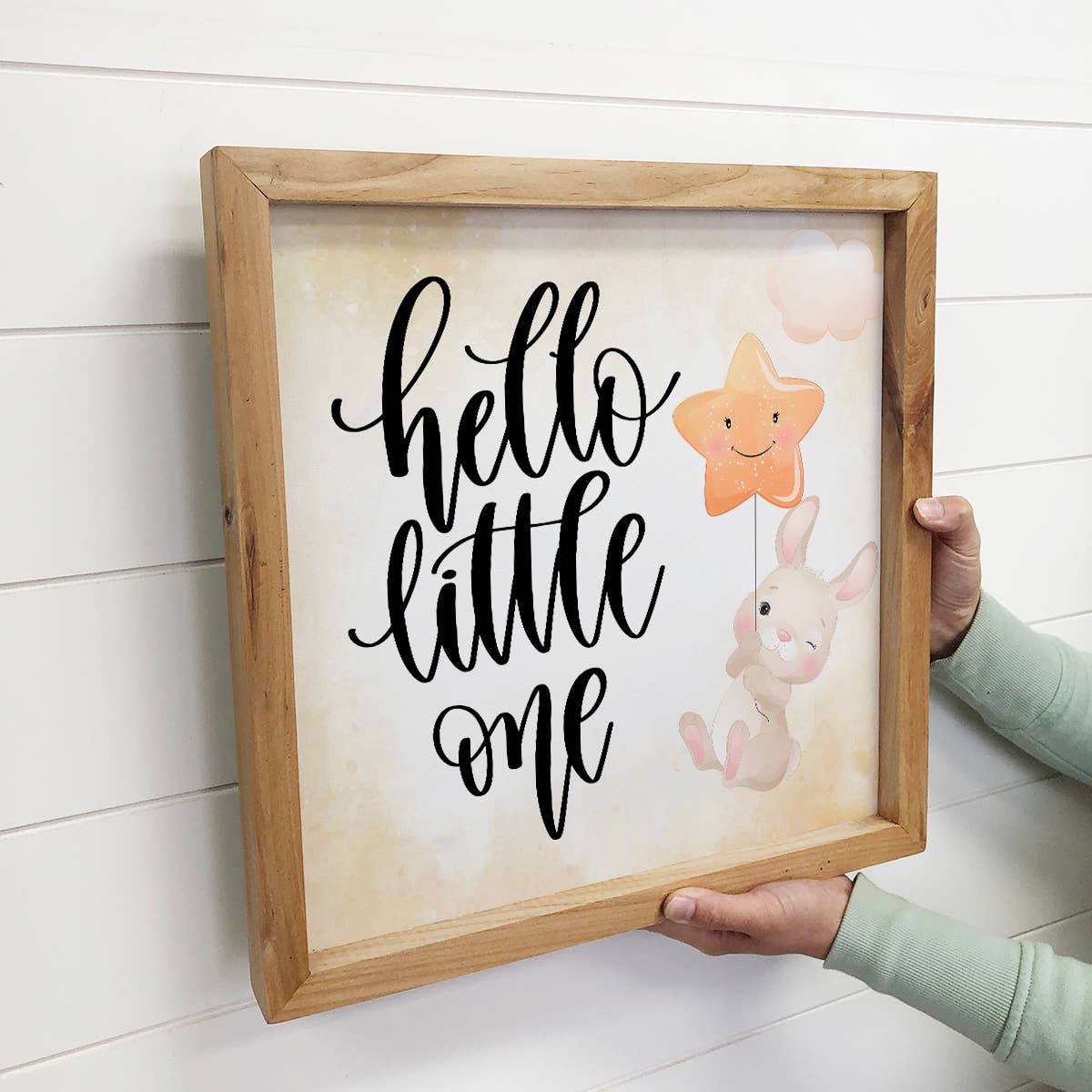 Small Shelf Sitting Canvas and Wood Sign "Hello Little One"