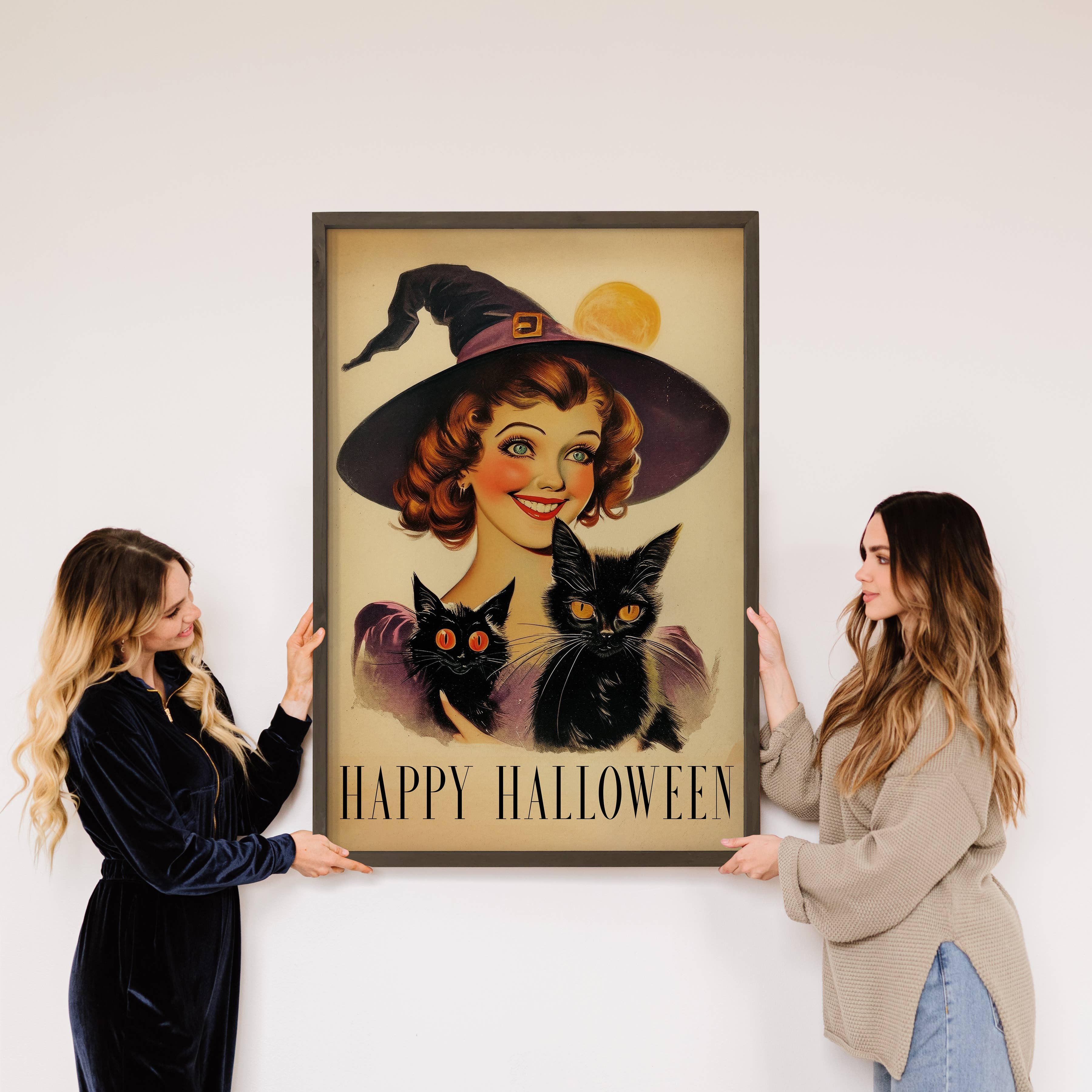 Vintage Witch Girl and Two Cats - Halloween Canvas Art